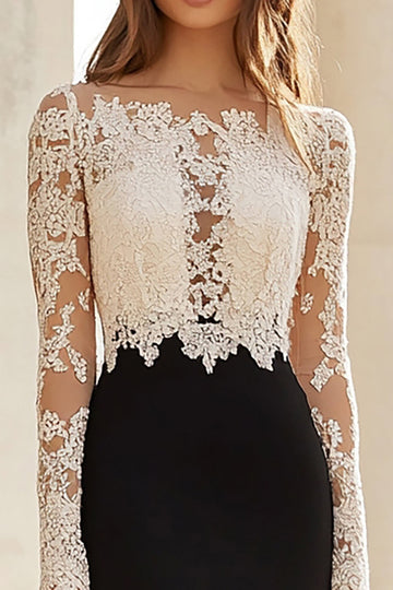 Noir Blanc Sirène Dentelle Manches Longues Robe Mère de la Mariée